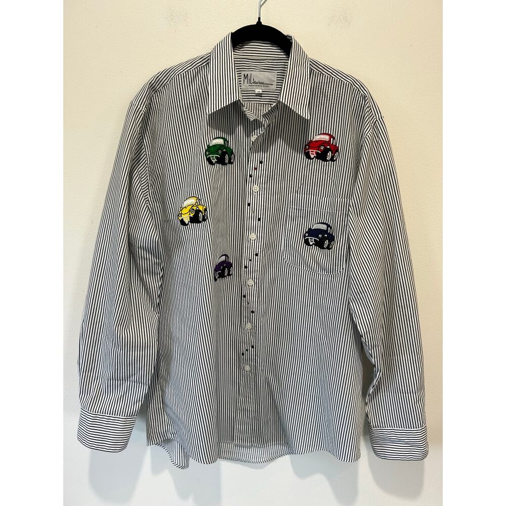 Mili Designs button down shirt size M striped car patches applique embellished